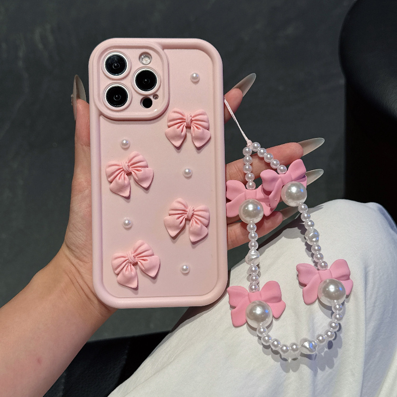 Phone Cases With Charms - 핑크색 폰 케이스, 리본 매듭 진주