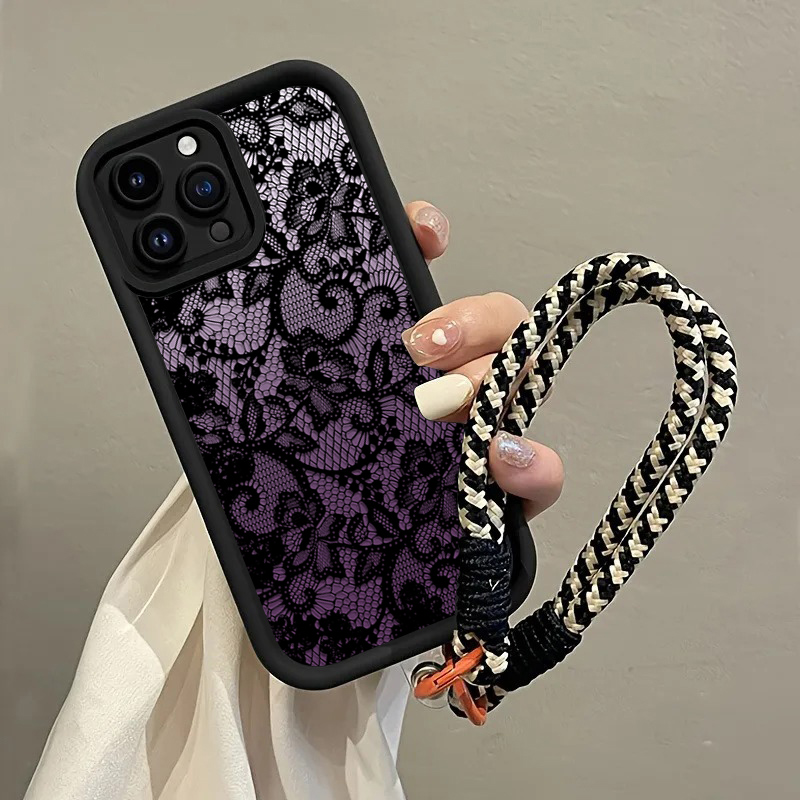 Phone Cases With Loop - 블랙 퍼플 레이스 핸드 스트랩 폰