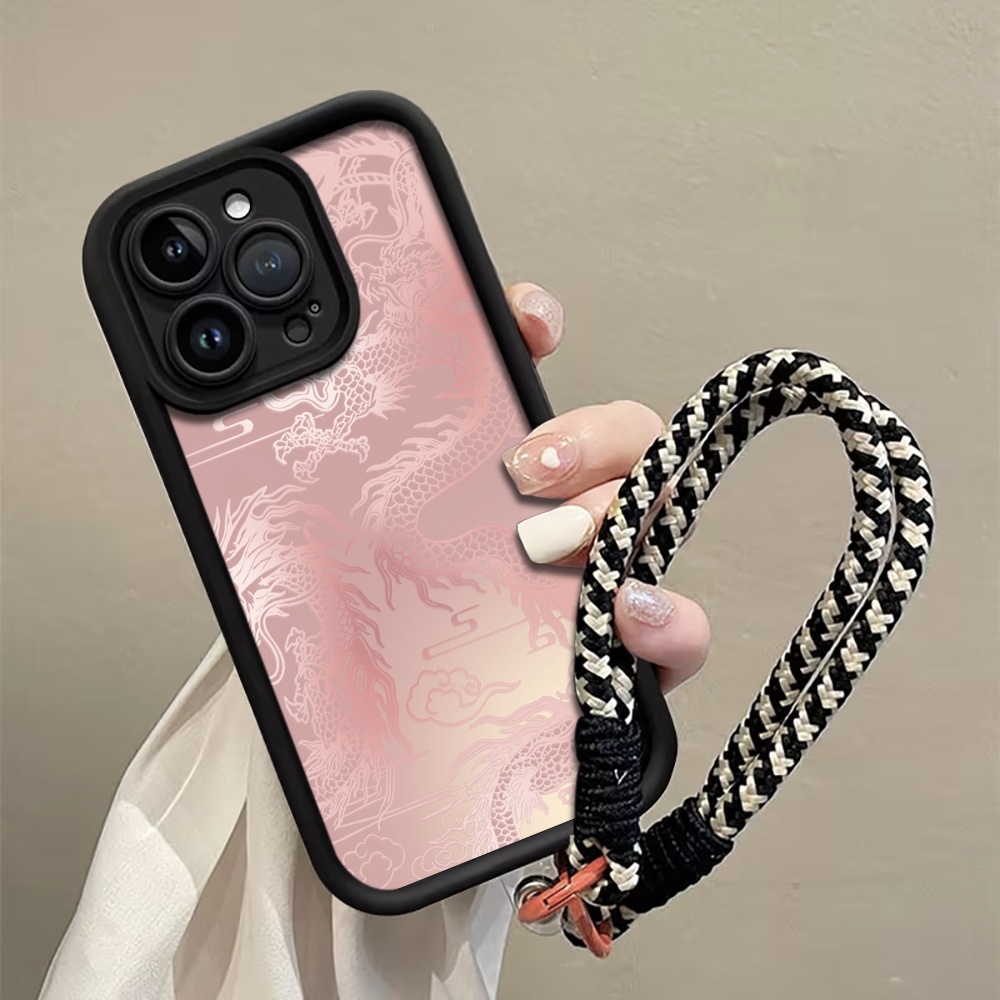 Phone Cases With Loop - 흰색 드래곤 패턴 스트랩 로프 폰
